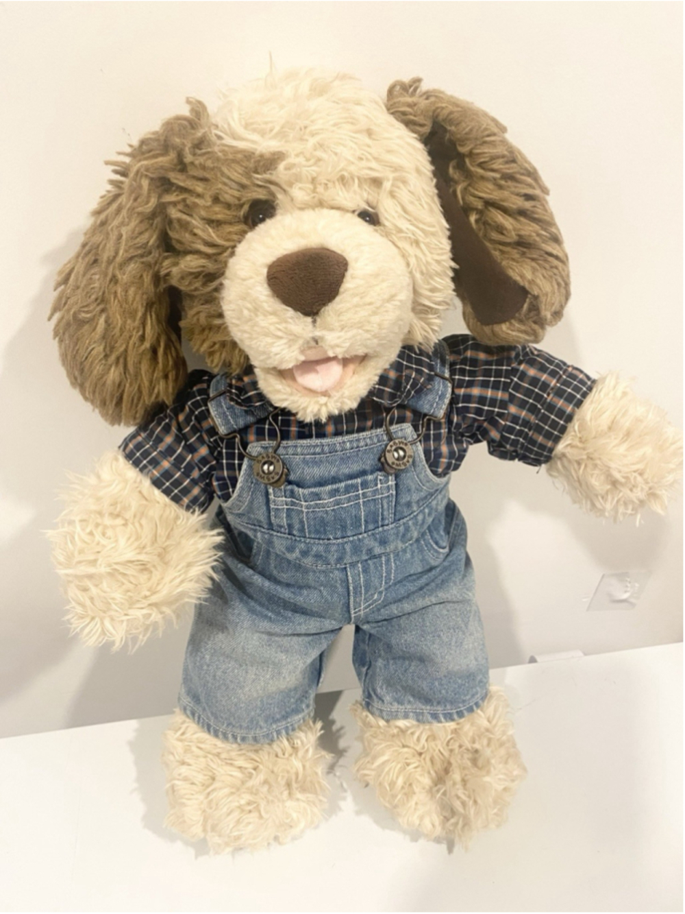 Vintage Build-A-Bear Scruffy Puppy Dog Plush 2001 Plaid Shirt Denim Overalls
